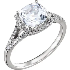 14K White Gold 7mm Cushion Cut Created White Sapphire & Diamond Halo Ring