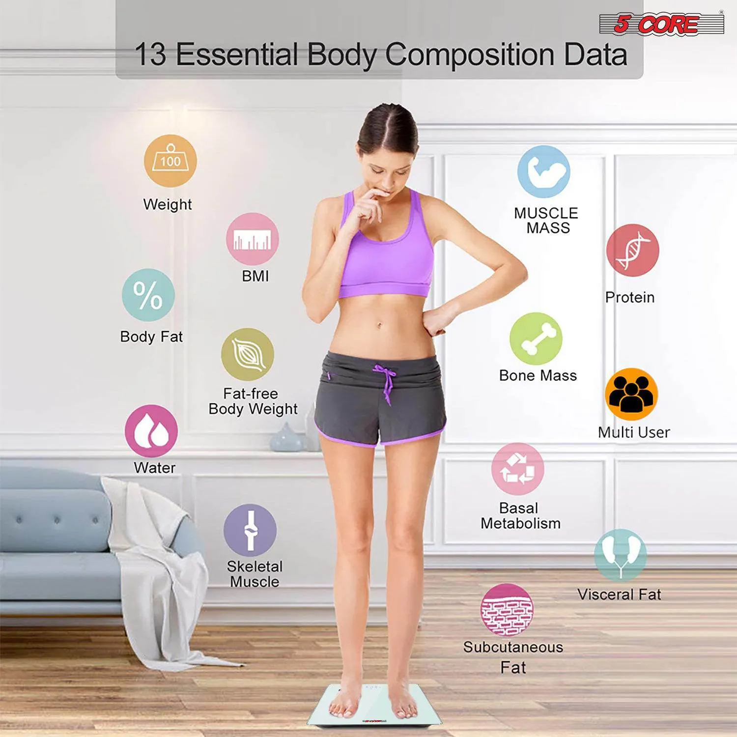 5 Core Smart Digital Bathroom Weighing Scale with Body Fat and Water Weight for People;  Bluetooth BMI Electronic Body Analyzer Machine;  400 lbs. BBS DOT B WH