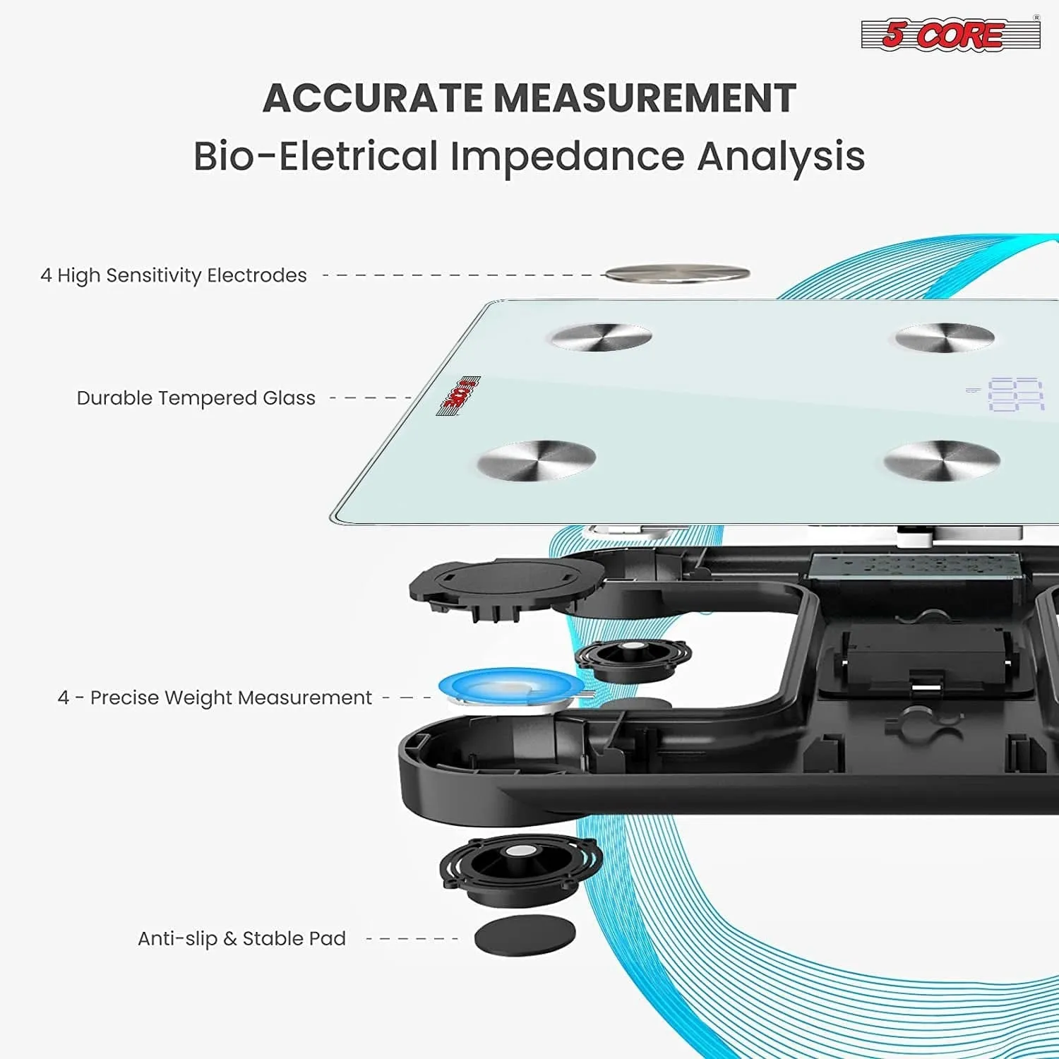 5 Core Smart Digital Bathroom Weighing Scale with Body Fat and Water Weight for People;  Bluetooth BMI Electronic Body Analyzer Machine;  400 lbs. BBS DOT B WH