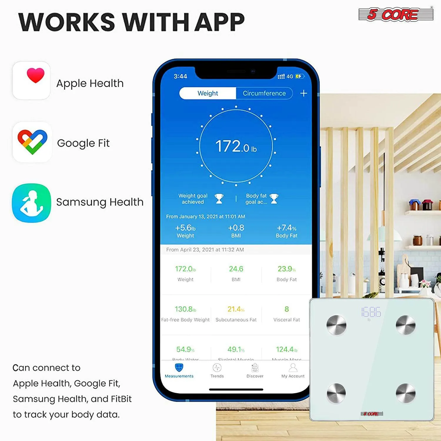5 Core Smart Digital Bathroom Weighing Scale with Body Fat and Water Weight for People;  Bluetooth BMI Electronic Body Analyzer Machine;  400 lbs. BBS DOT B WH