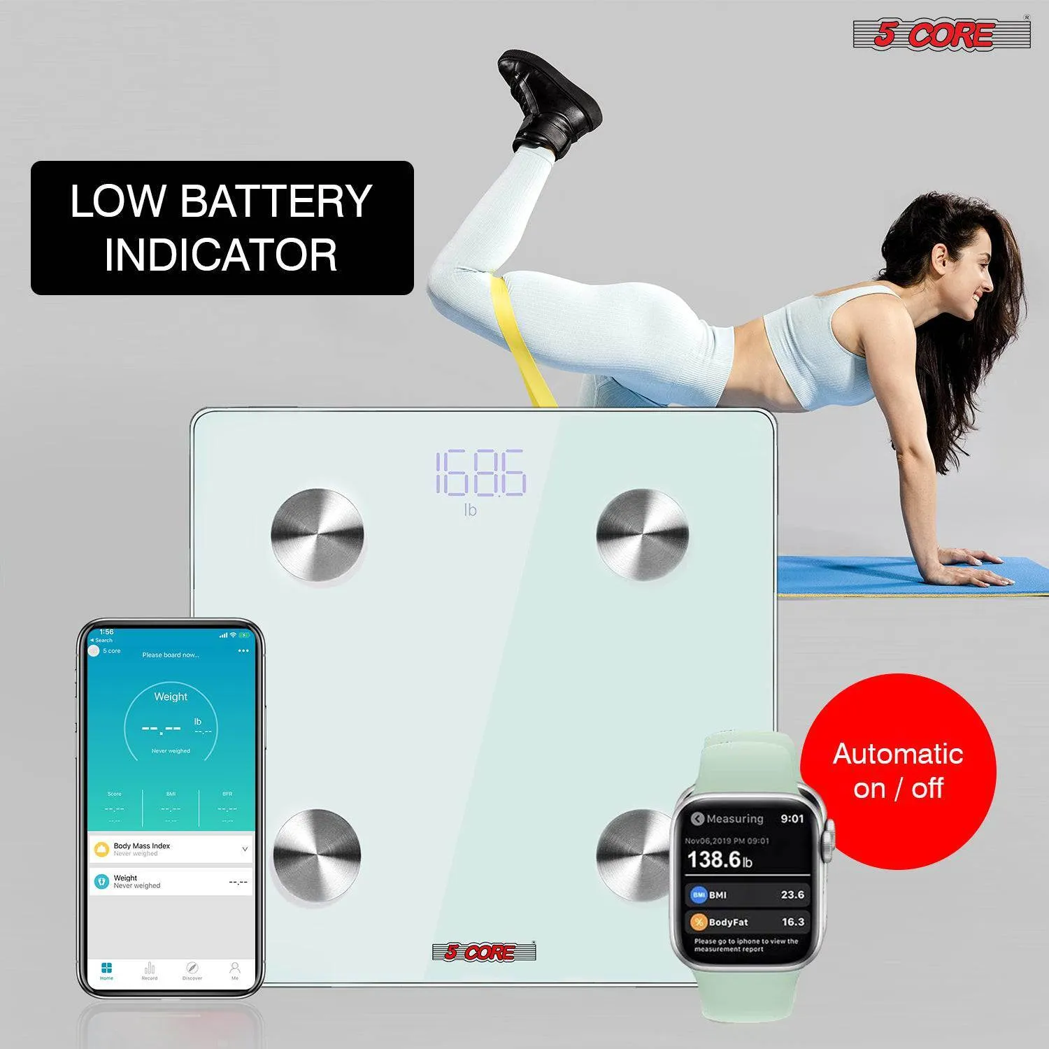 5 Core Smart Digital Bathroom Weighing Scale with Body Fat and Water Weight for People;  Bluetooth BMI Electronic Body Analyzer Machine;  400 lbs. BBS DOT B WH