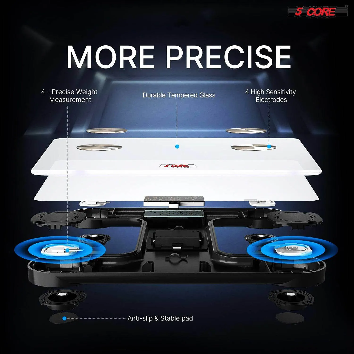 5 Core Smart Digital Bathroom Weighing Scale with Body Fat and Water Weight for People;  Bluetooth BMI Electronic Body Analyzer Machine;  400 lbs. BBS DOT B WH