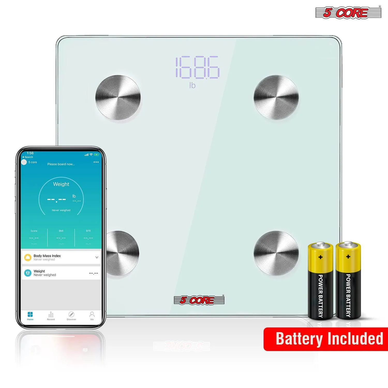 5 Core Smart Digital Bathroom Weighing Scale with Body Fat and Water Weight for People;  Bluetooth BMI Electronic Body Analyzer Machine;  400 lbs. BBS DOT B WH