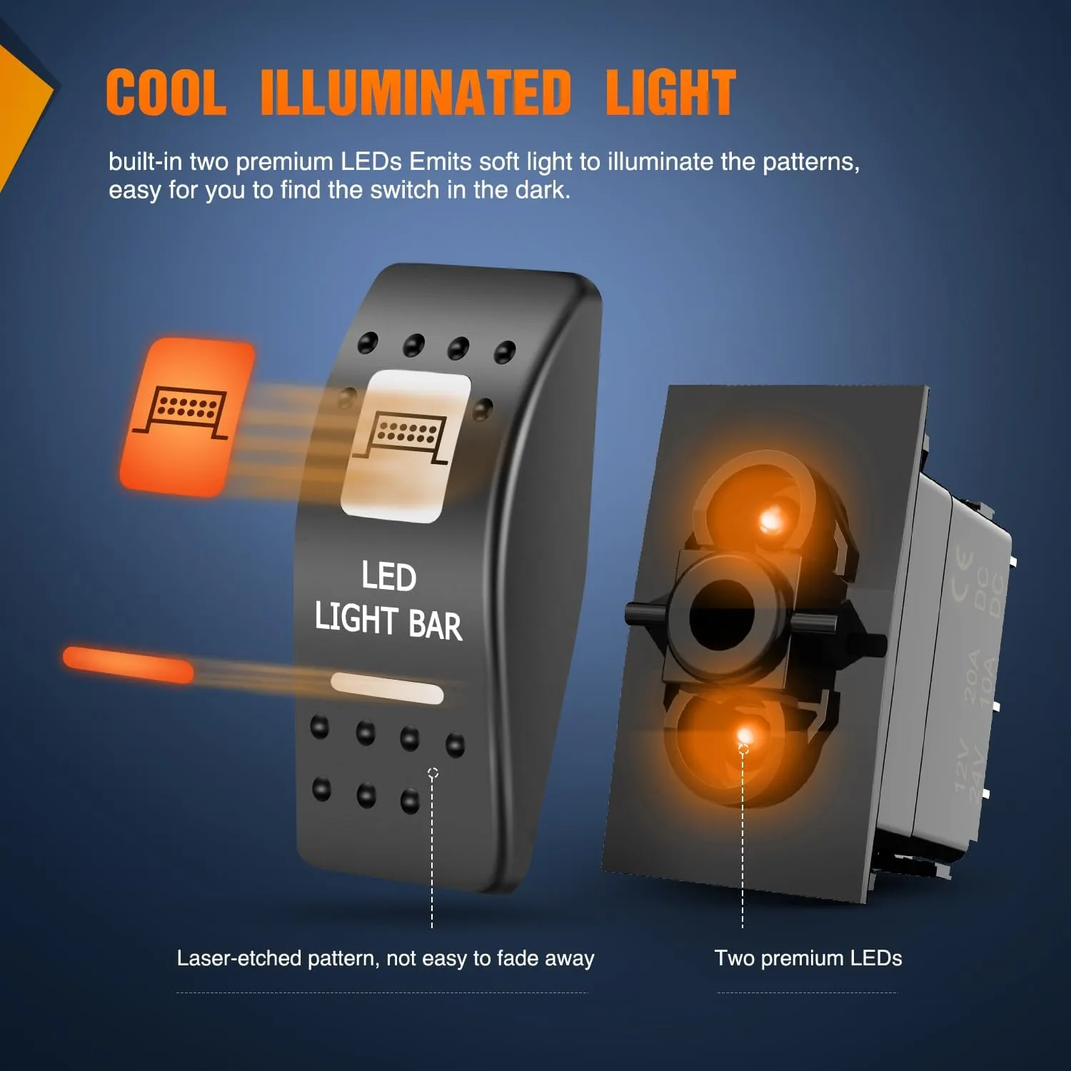 5Pin SPST On/Off UTV LED Light Bar Rocker Switch Orange Backlit