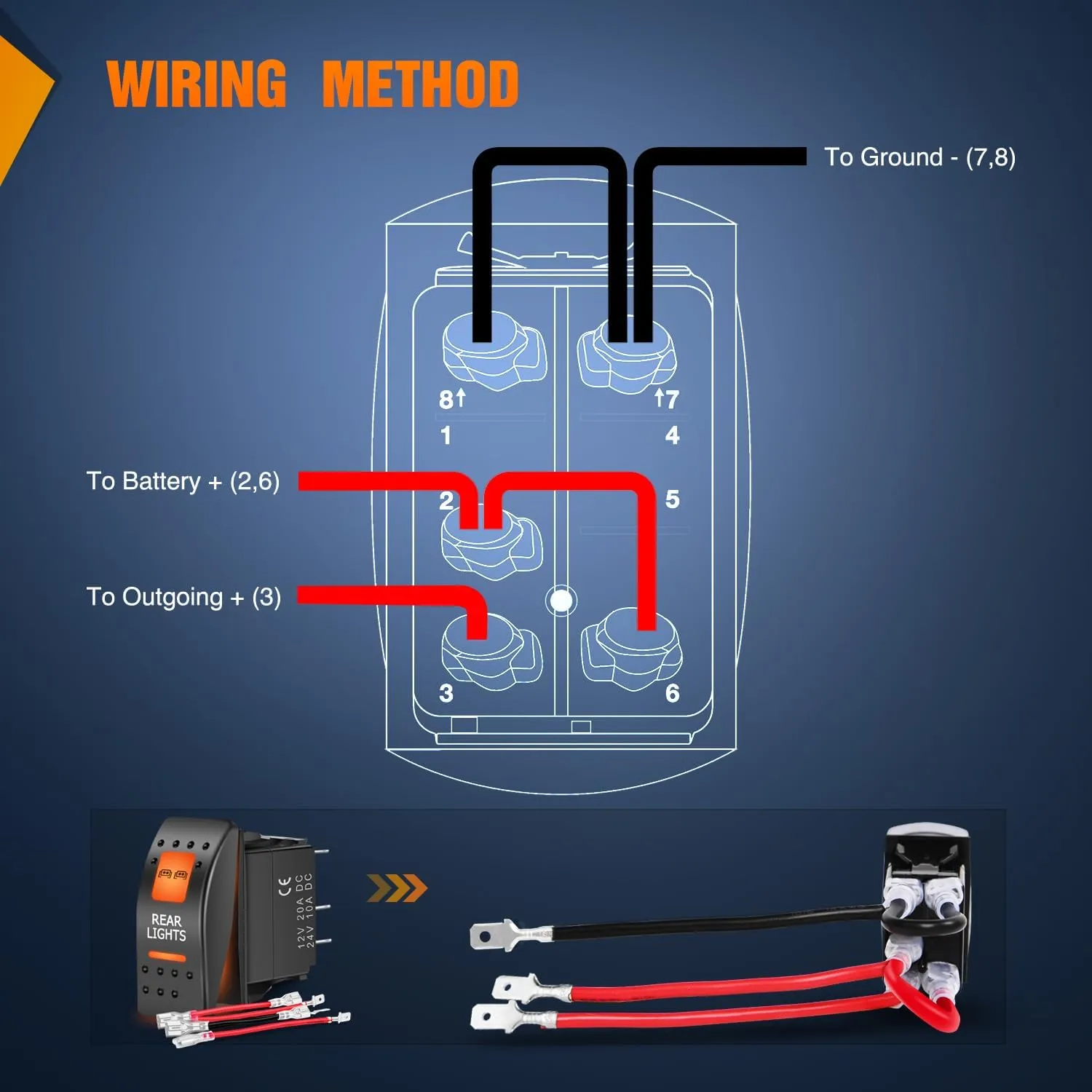 5Pin SPST On/Off UTV Rear Lights Rocker Switch Orange Backlit