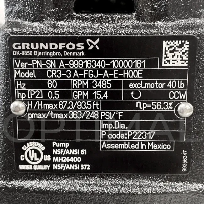 99916340 Grundfos Vertical Multistage Centrifugal Pump CR3-3 A-FGJ-A-E-HQQE 3 Ph 230/460 60HZ 1/2 HP 96083202