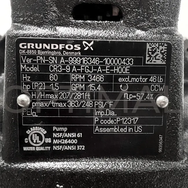 99916346 Grundfos Vertical Multistage Centrifugal Pump CR3-9 A-FGJ-A-E-HQQE 3 Ph 230/460 60HZ 1 1/2 HP 96083214