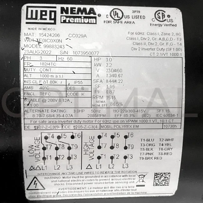 99916352 Grundfos Vertical Multistage Centrifugal Pump CR3-17 A-FGJ-A-E-HQQE 3 Ph 230/460 60HZ 3 HP 96083226