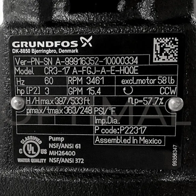 99916352 Grundfos Vertical Multistage Centrifugal Pump CR3-17 A-FGJ-A-E-HQQE 3 Ph 230/460 60HZ 3 HP 96083226