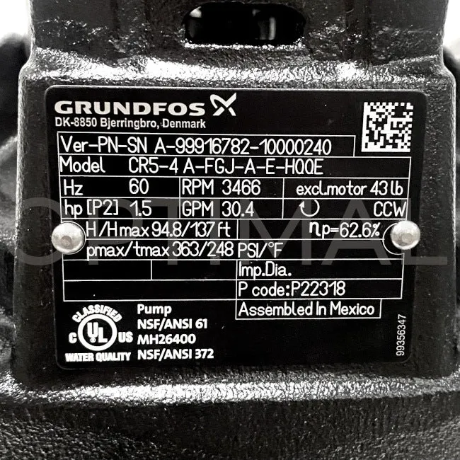 99916782 Grundfos Vertical Multistage Centrifugal Pump CR5-4 A-FGJ-A-E-HQQE 3 Ph 230/460 60HZ 1 1/2 HP 96084255