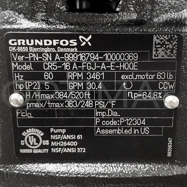 99916794 Grundfos Vertical Multistage Centrifugal Pump CR5-16 A-FGJ-A-E-HQQE 3 Ph 230/460 60HZ 5 HP 96084279
