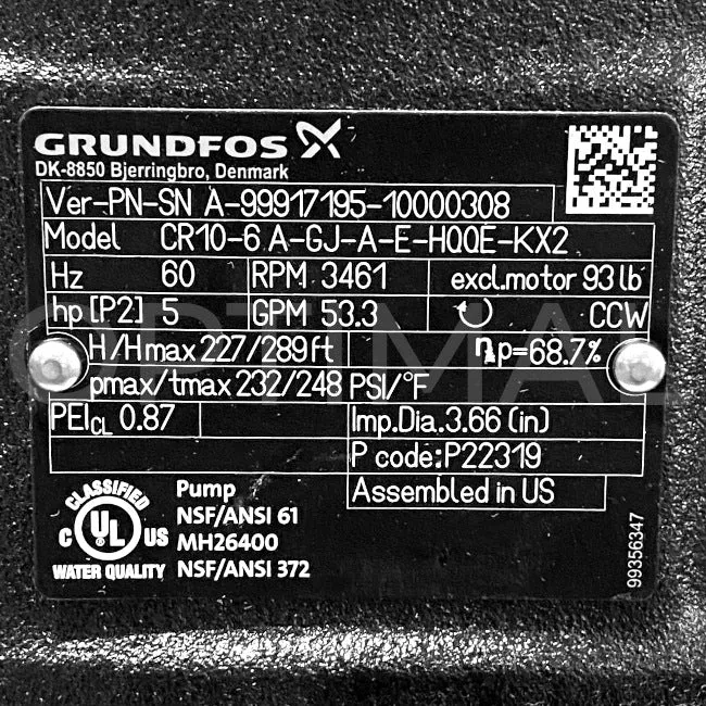 99917195 Grundfos Vertical Multistage Centrifugal Pump CR10-6 A-GJ-A-E-HQQE 3 Ph 230/460 60 HZ 5 HP 96523174