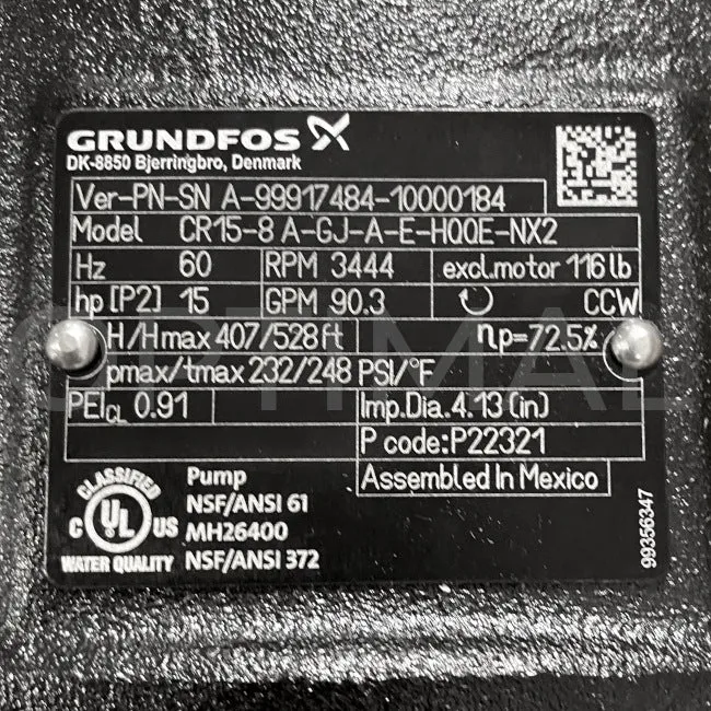 99917484 Grundfos Vertical Multistage Centrifugal Pump CR15-8 A-GJ-A-E-HQQE 3 Ph 230/460 60 HZ 15 HP 96523619