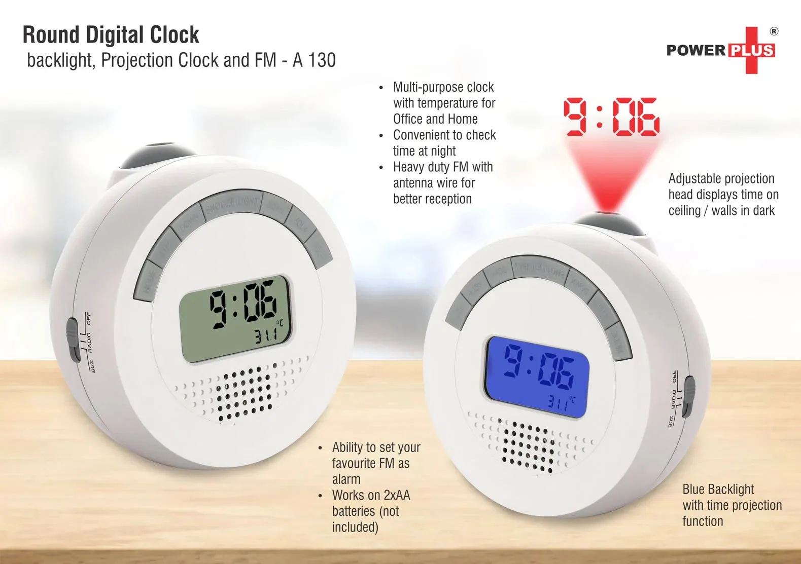 A130 – Round Digital Clock With Backlight, Projection Clock And FM