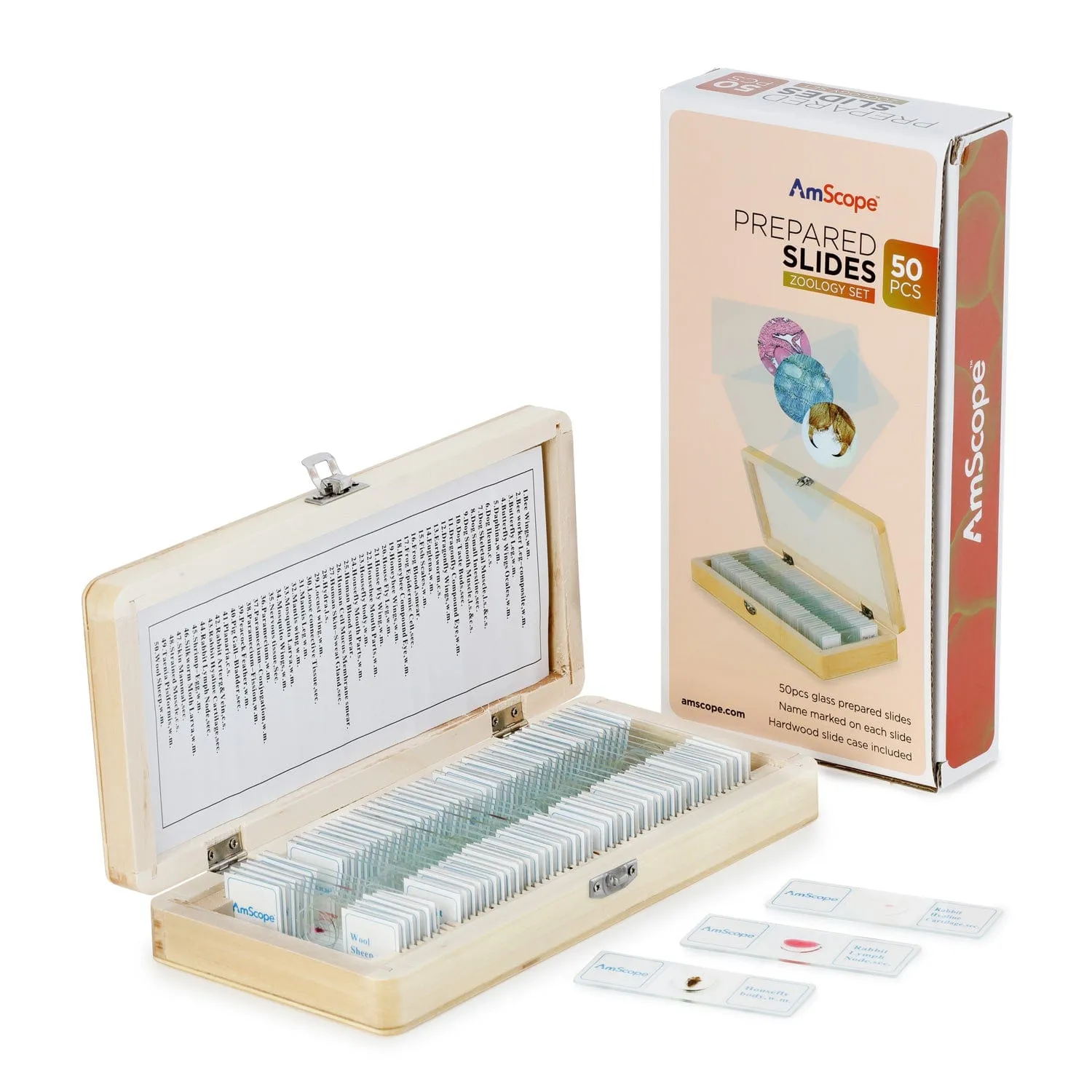 AmScope 50pc Prepared Glass Microscope Zoology Slide Specimens with Wooden Case
