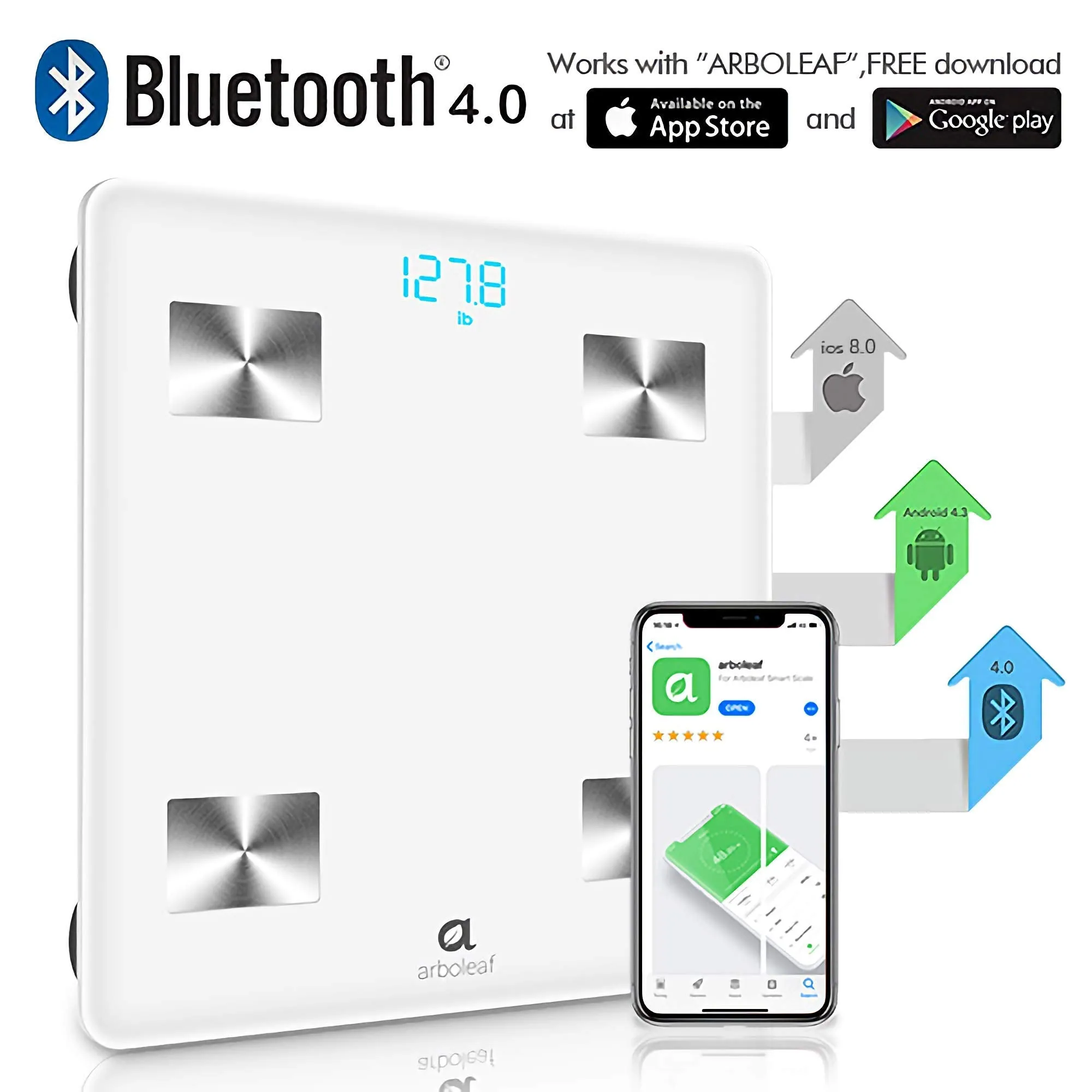 Arboleaf Scale for Body Weight, Weight Scale, Bluetooth Bathroom Scale, Body Fat Scale,Body Com[Position Analyzer with Smart App, 400Lbs, 11x11 inch