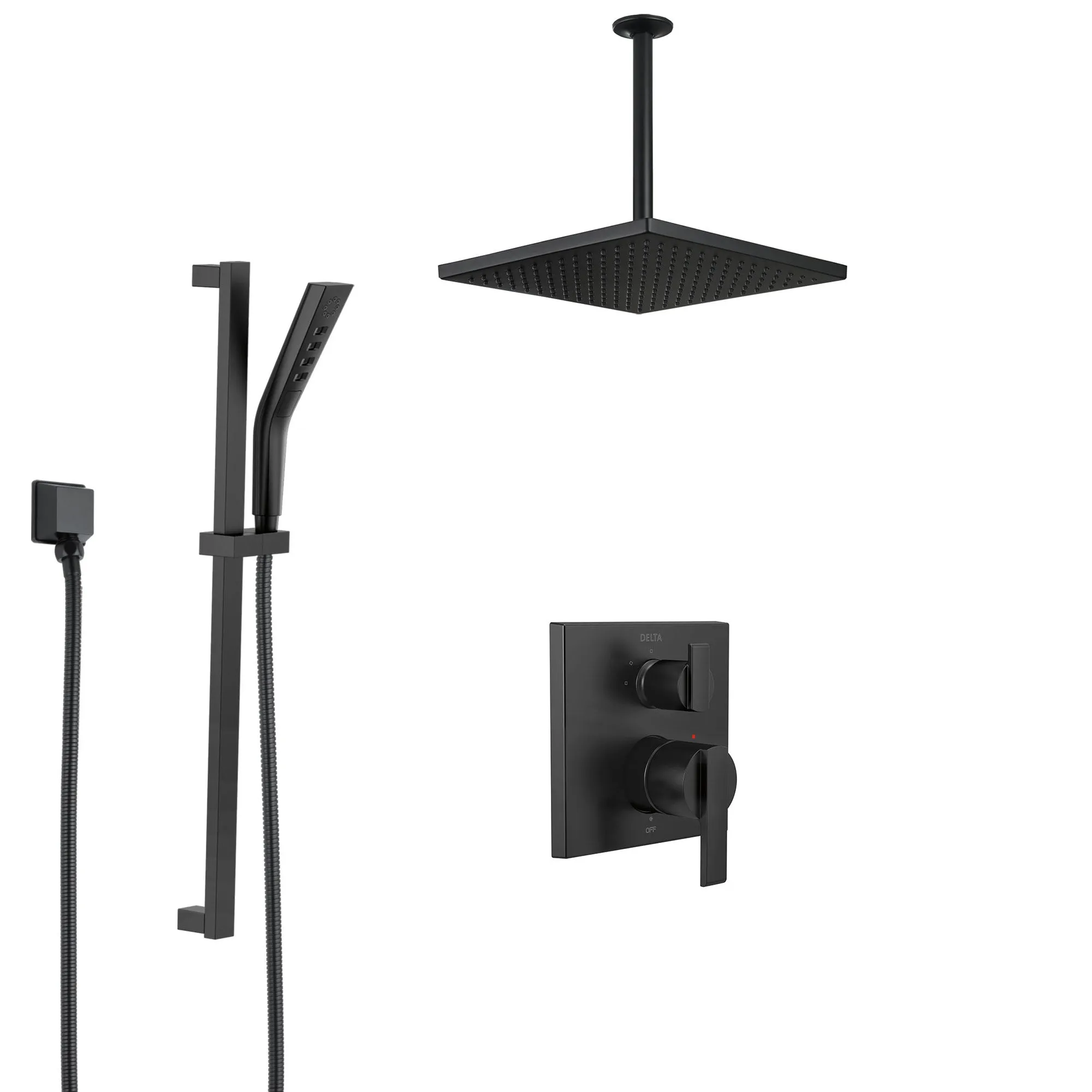 Delta Ara Matte Black Modern Shower System with Integrated Diverter with Hand Sprayer and Slide Bar   Large Square Ceiling Mount Showerhead SS24867BL2