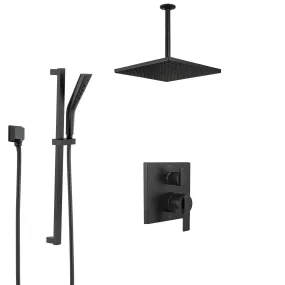 Delta Ara Matte Black Modern Shower System with Integrated Diverter with Hand Sprayer and Slide Bar   Large Square Ceiling Mount Showerhead SS24867BL2
