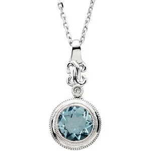 Genuine Aquamarine & Diamond Pendant - 14k White Gold or Sterling Silver