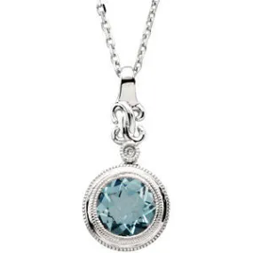 Genuine Aquamarine & Diamond Pendant - 14k White Gold or Sterling Silver