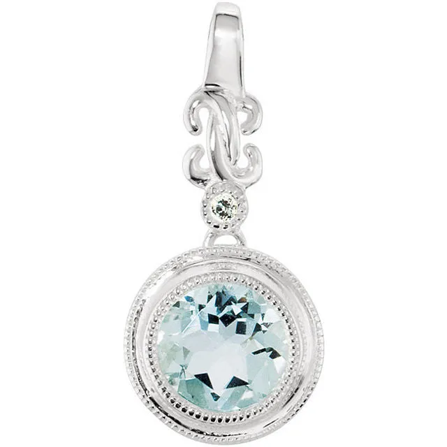 Genuine Aquamarine & Diamond Pendant - 14k White Gold or Sterling Silver