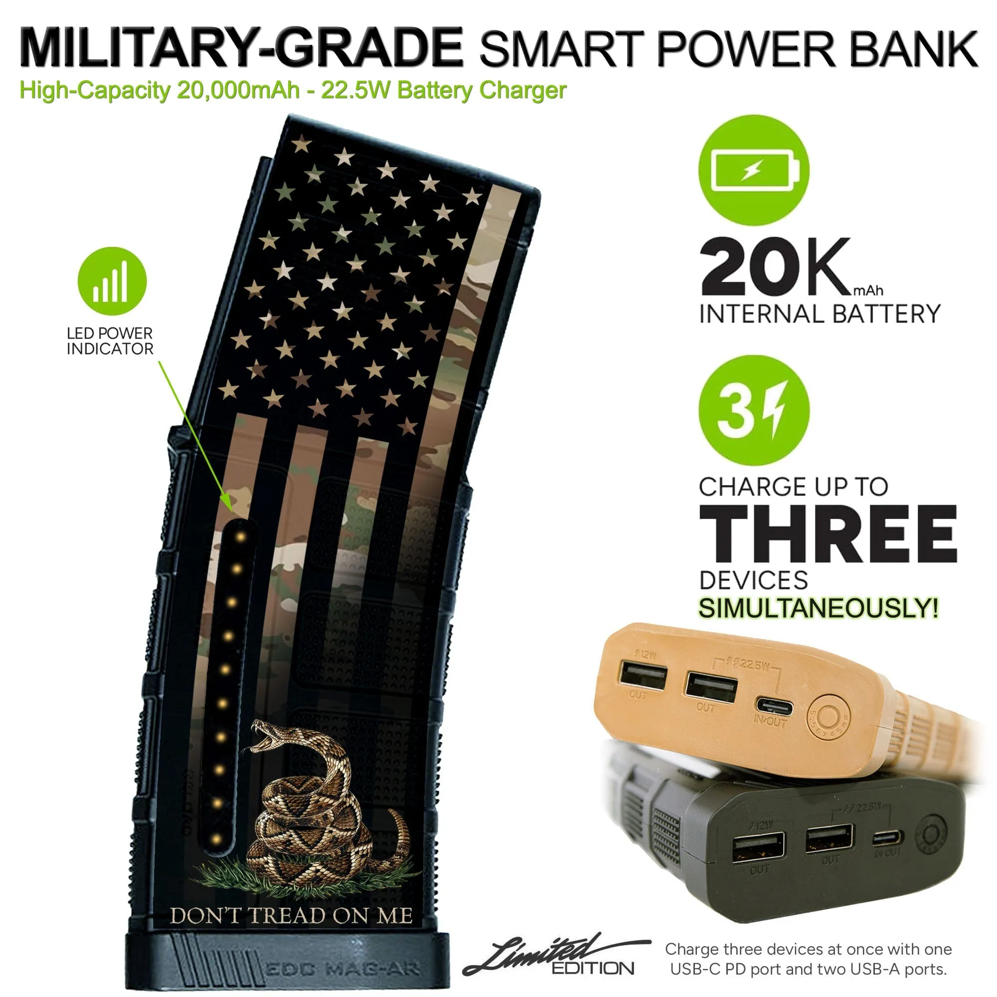 Limited Edition Custom Printed 20,000mAh Military Grade Smart Powerbank Battery Charger with 2-USB   USB-C Ports