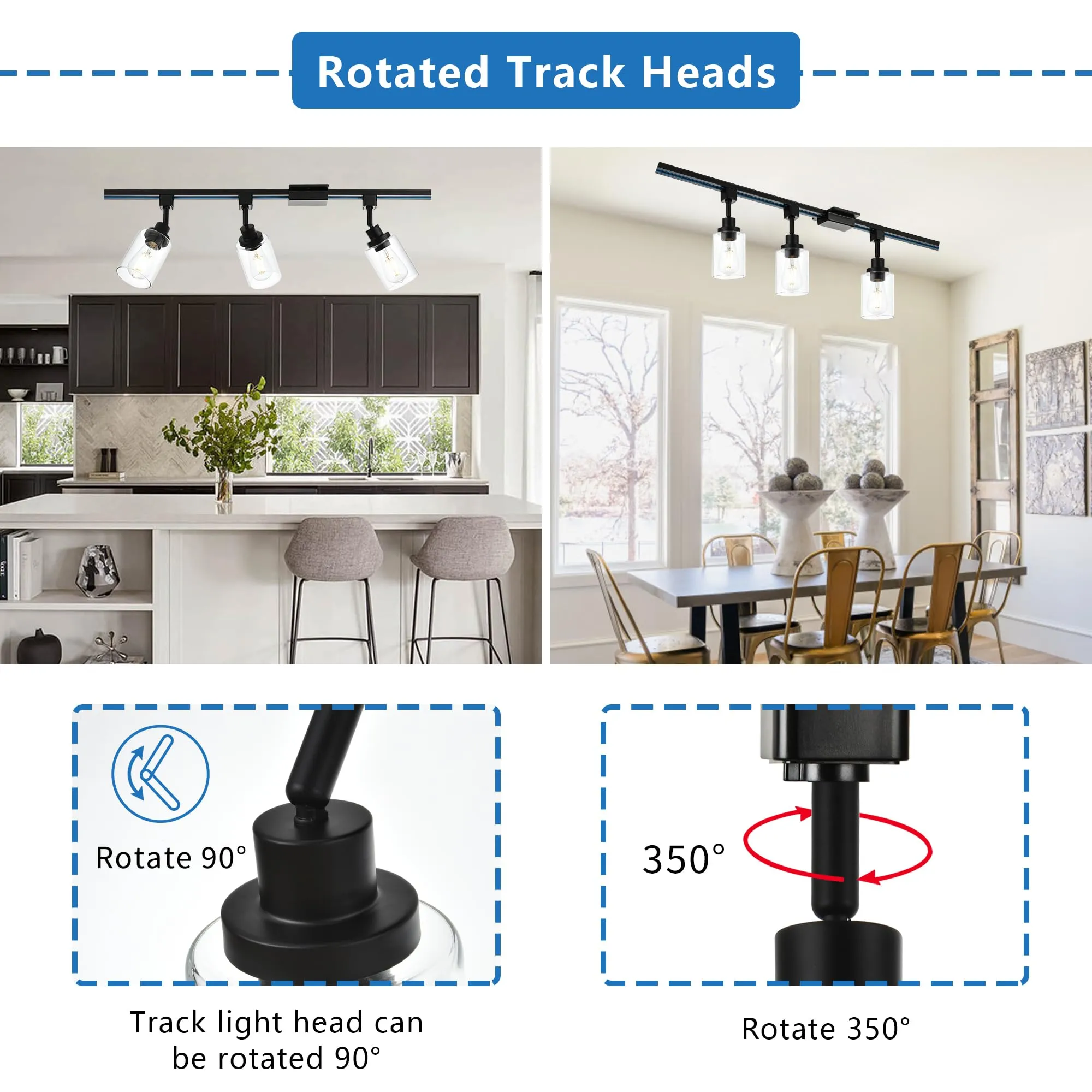 MELUCEE Track Lighting Fixtures for Accent Task Retail Kitchen Ceiling Track Light H Type Pack of 3, Black Track Lighting Heads with Clear Glass Shade, Bulb and Track Not Included
