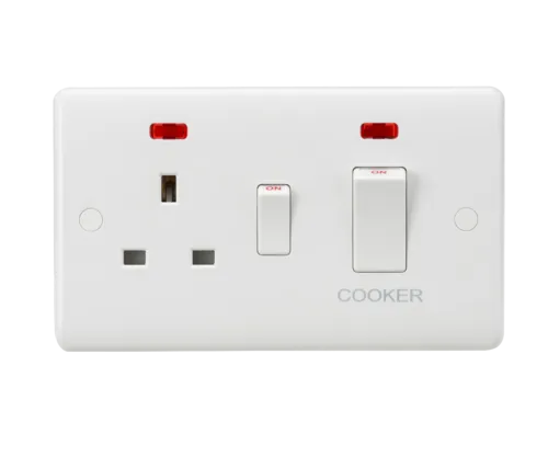 ML Curved Edge 45A Double Pole Cooker Switch and 13A Socket with Neon in White CU8333NW