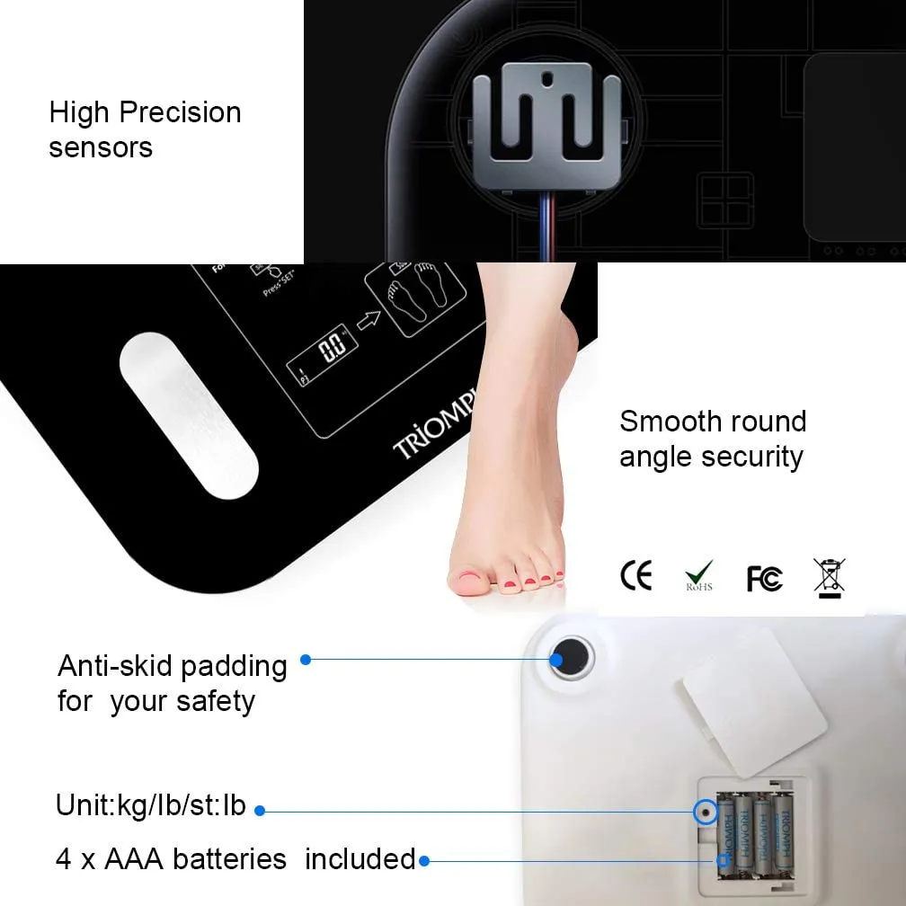 New Triomph Body Fat Scale, Digital Bathroom Scale Body Composition Analyzer with Backlit LCD for Body Weight, Fat, Water, Muscle, BMI, Bone Mass and Calorie, 10 Users, 400 lbs Fat Loss Monitor, Black