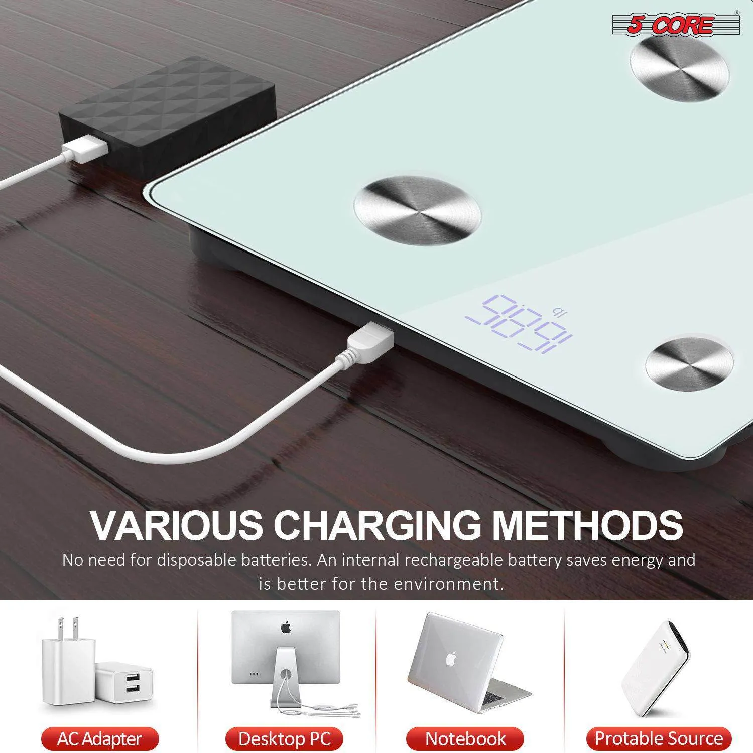 Rechargeable Smart Digital Bathroom Weighing Scale with Body Fat and Water Weight for People; Bluetooth BMI Electronic Body Analyzer Machine; 400 lbs.5 Core