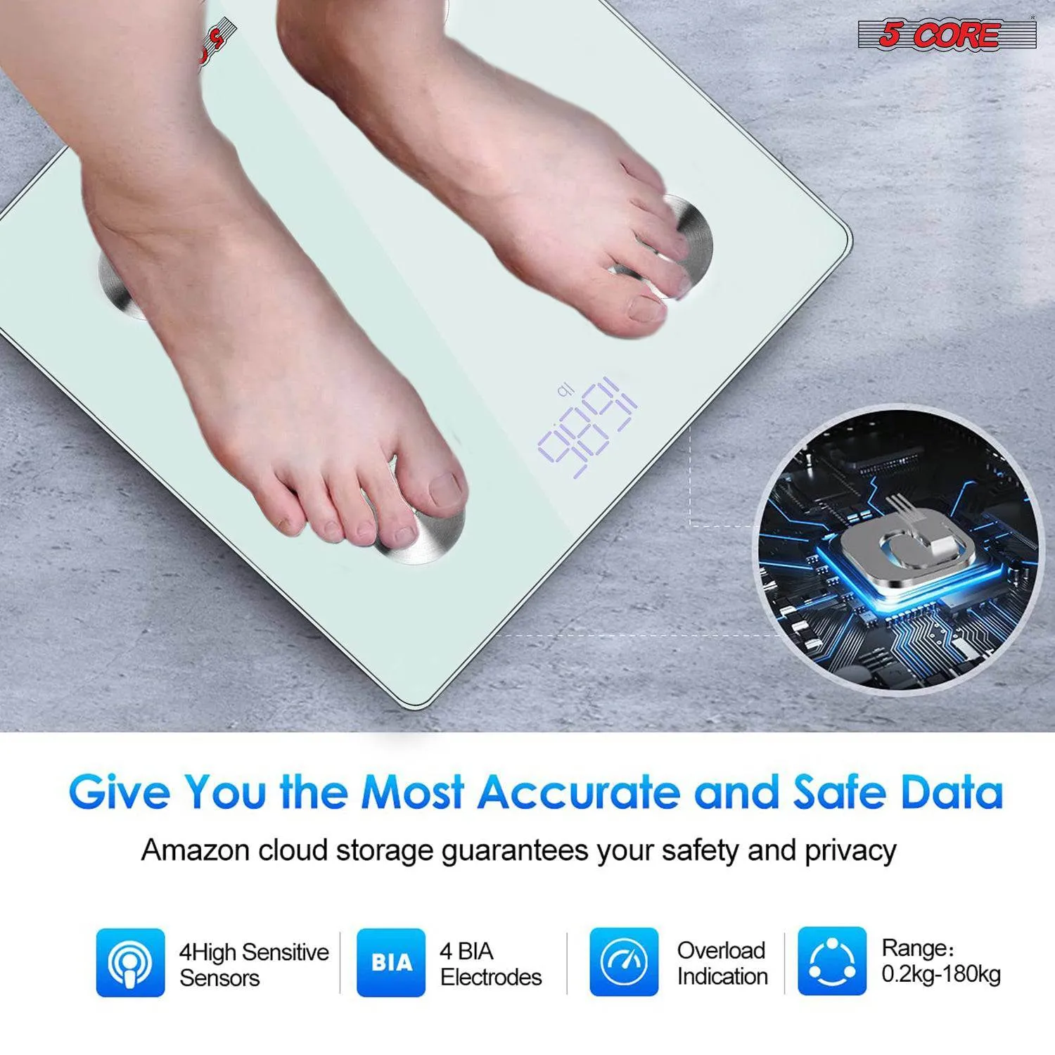 Rechargeable Smart Digital Bathroom Weighing Scale with Body Fat and Water Weight for People; Bluetooth BMI Electronic Body Analyzer Machine; 400 lbs.5 Core