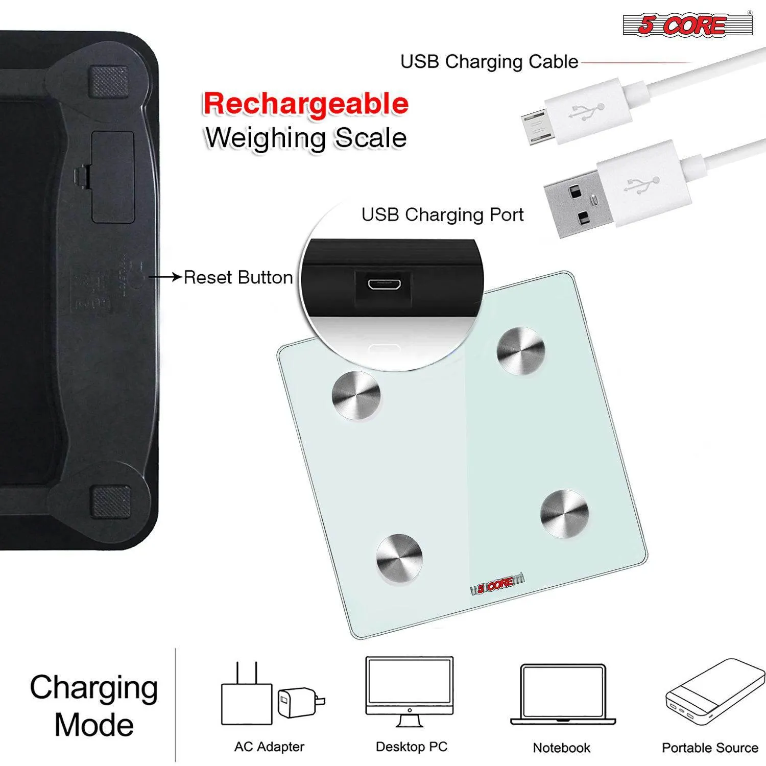 Rechargeable Smart Digital Bathroom Weighing Scale with Body Fat and Water Weight for People; Bluetooth BMI Electronic Body Analyzer Machine; 400 lbs.5 Core