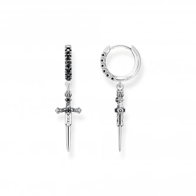 Sterling Silver Zirconia Blackened Snake & Sword Hoop Earrings CR713-643-11