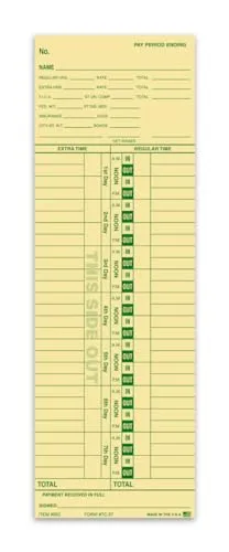 Time Clock Cards for Tracking Regular and Extra Time - Easy-Read Time Cards for Front-Loaders - Manual Style/Compatible with Computer Systems - 1-Part Heavy Duty Manila/Buff Card Stock