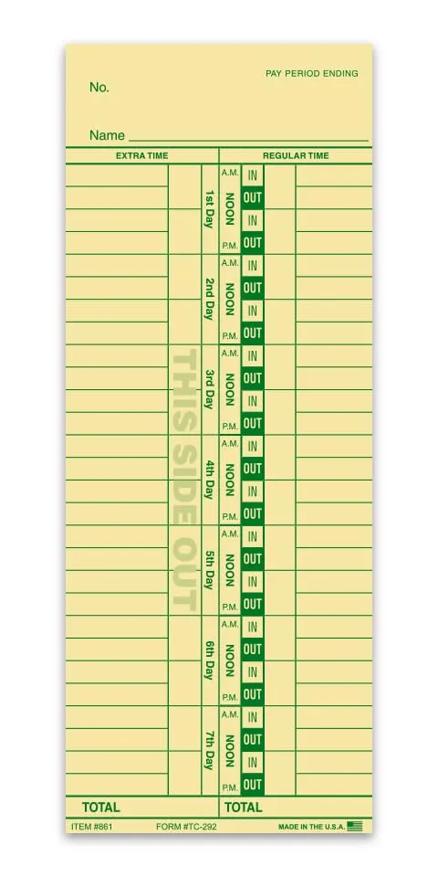 Time Clock Cards for Tracking Regular and Extra Time - Easy-Read Time Cards for Front-Loaders - Manual Style/Compatible with Computer Systems - 1-Part Heavy Duty Manila/Buff Card Stock