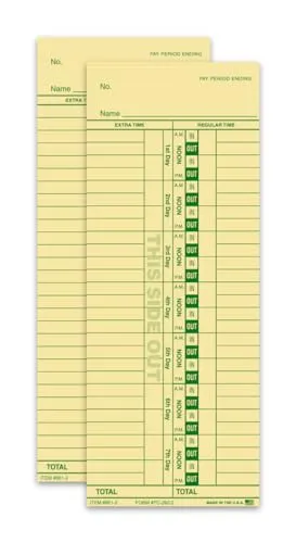 Time Clock Cards for Tracking Regular and Extra Time - Easy-Read Time Cards for Front-Loaders - Manual Style/Compatible with Computer Systems - 1-Part Heavy Duty Manila/Buff Card Stock