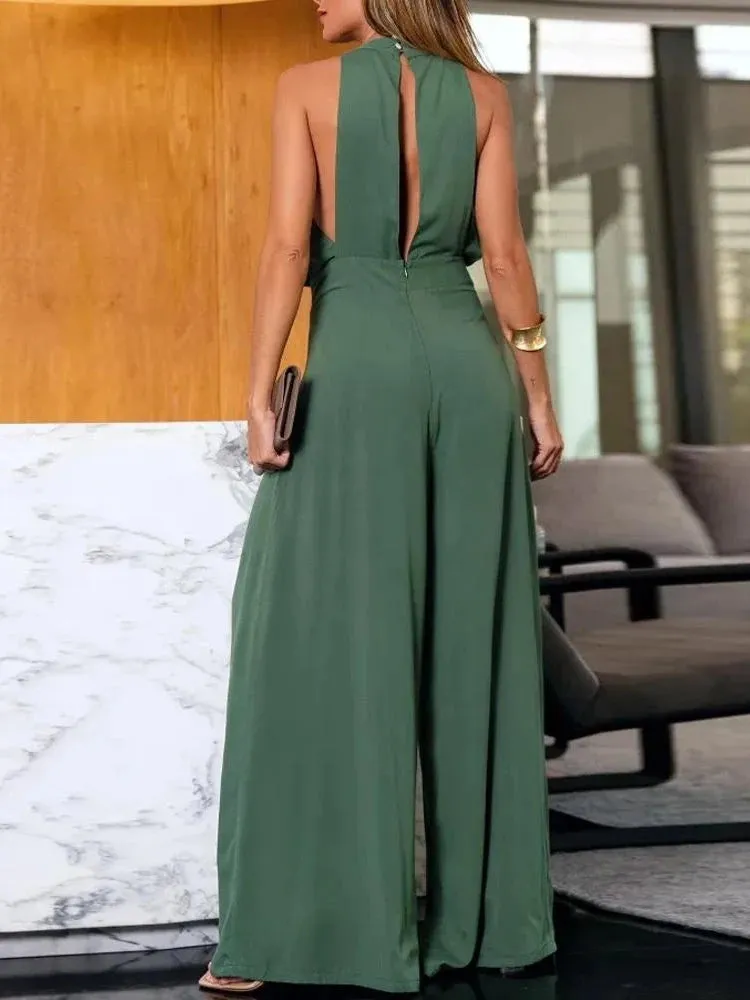 UAKISS  -  2024 Summer New Women's Jumpsuit Temperament Elegant Woman Solid Sexy Halter Hollow Out Sleeveless Formal Working Jumpsuit