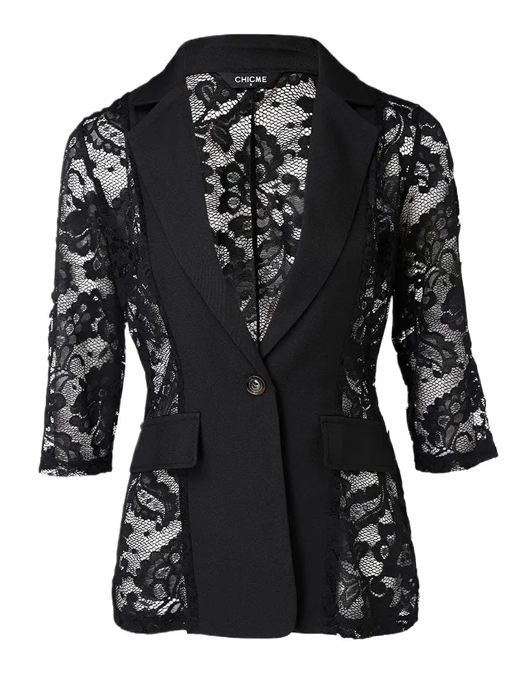 UAKISS  -  Autumn Blazer Woman Trend 2024 Lapel Neck Lace Patch Women's Blazer Single Button Flap Detail Sheer Jacket Coat Woman Clothing