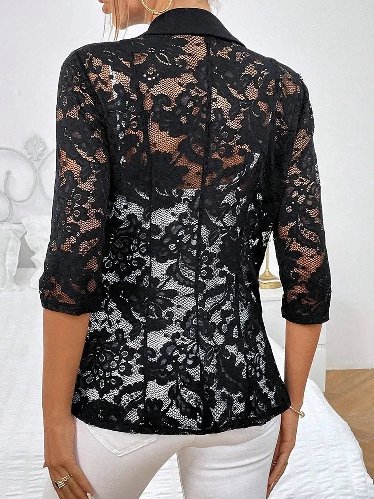 UAKISS  -  Autumn Blazer Woman Trend 2024 Lapel Neck Lace Patch Women's Blazer Single Button Flap Detail Sheer Jacket Coat Woman Clothing