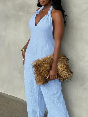 UAKISS  -  Casual Long Jumpsuits for Women Clothing Summer 2024 Trend Halter Tied Detail Pocket Design Jumpsuit Woman One Pieces Outfit