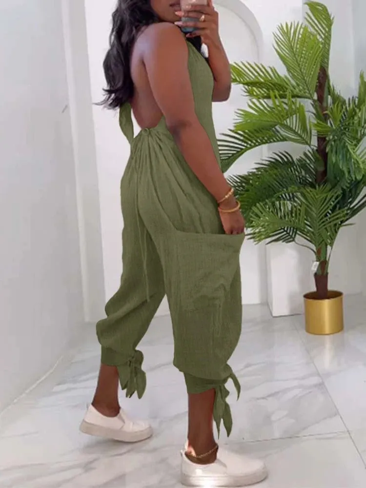 UAKISS  -  Casual Long Jumpsuits for Women Clothing Summer 2024 Trend Halter Tied Detail Pocket Design Jumpsuit Woman One Pieces Outfit