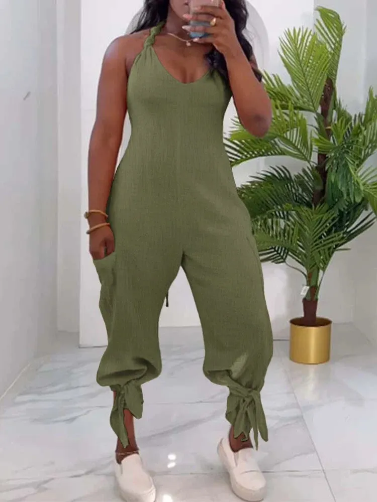 UAKISS  -  Casual Long Jumpsuits for Women Clothing Summer 2024 Trend Halter Tied Detail Pocket Design Jumpsuit Woman One Pieces Outfit