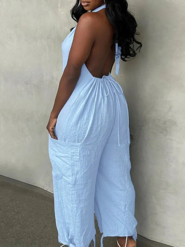 UAKISS  -  Casual Long Jumpsuits for Women Clothing Summer 2024 Trend Halter Tied Detail Pocket Design Jumpsuit Woman One Pieces Outfit