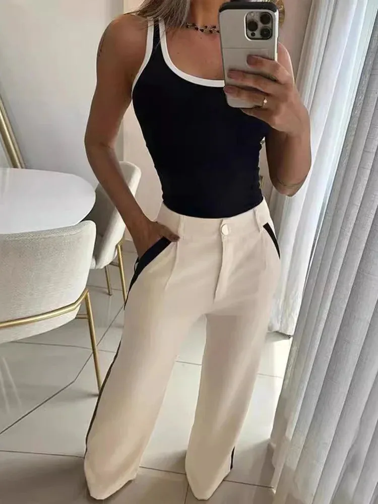 UAKISS  -  Casual Two Piece Sets Women Outfit Fashion 2024 Spring Contrast Binding Sleeveless Tank Top & Striped Pants Set Female Suits