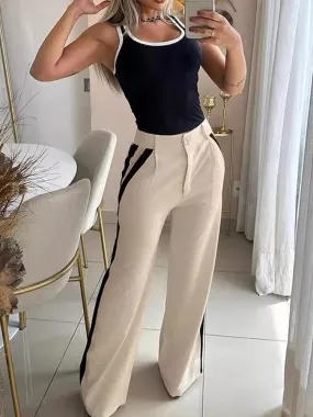 UAKISS  -  Casual Two Piece Sets Women Outfit Fashion 2024 Spring Contrast Binding Sleeveless Tank Top & Striped Pants Set Female Suits