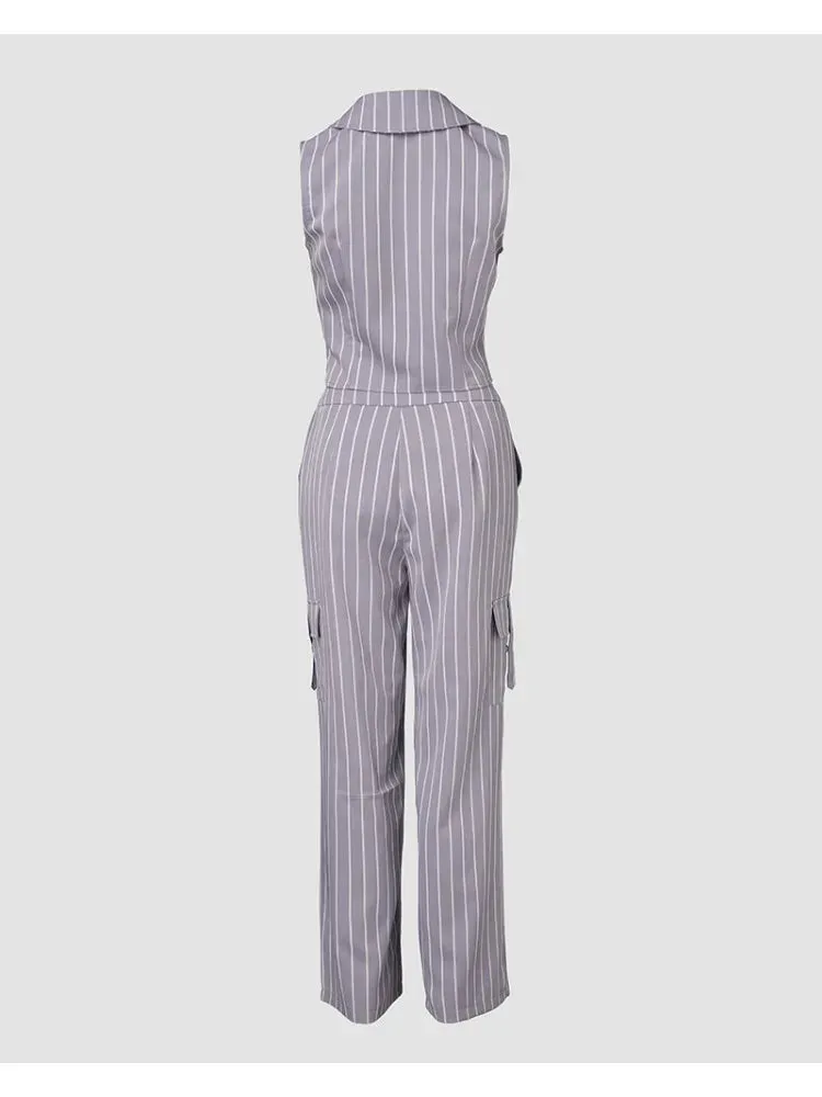 UAKISS  -  Fashion Striped Long Pants Sets Women Chic V-neck Sleeveless Single Breasted Tank Top Wide Leg Pants 2 Pieces Suits Lady Office