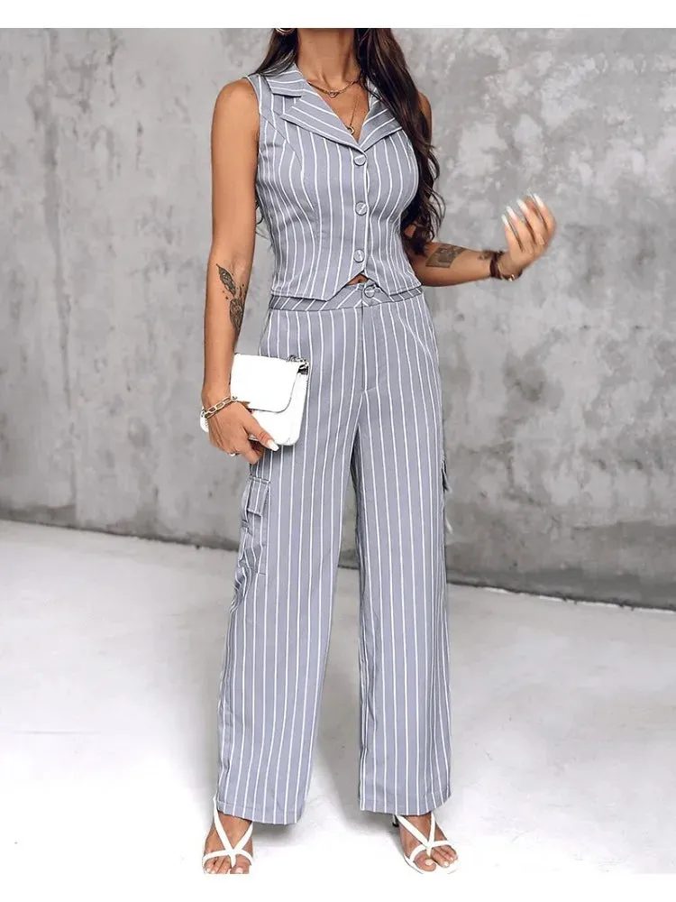 UAKISS  -  Fashion Striped Long Pants Sets Women Chic V-neck Sleeveless Single Breasted Tank Top Wide Leg Pants 2 Pieces Suits Lady Office