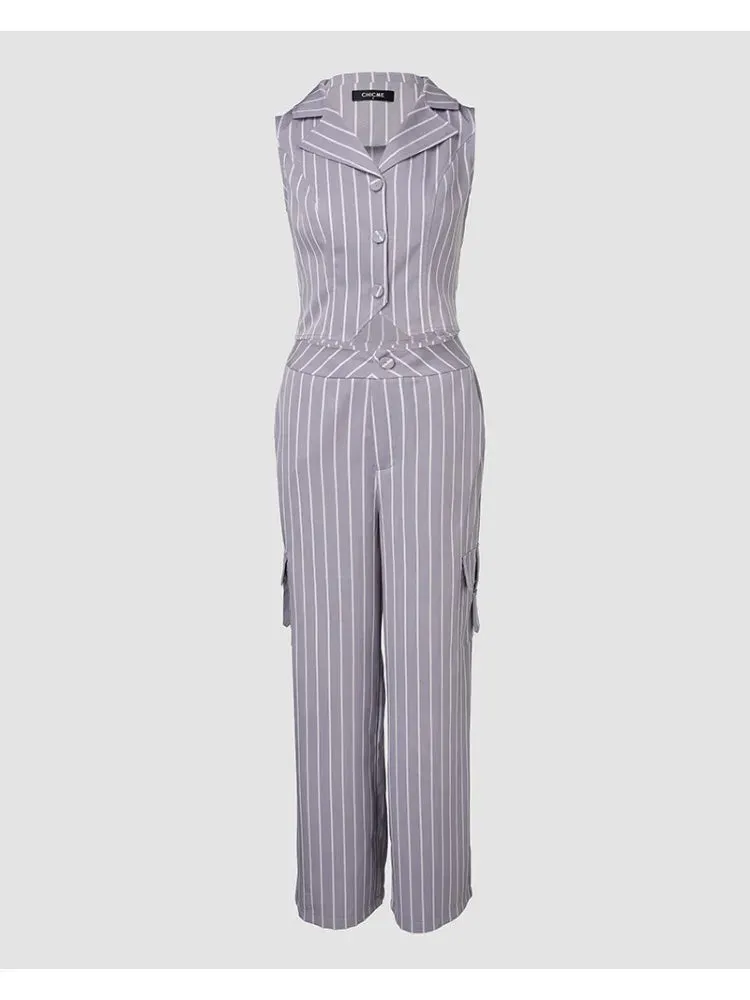 UAKISS  -  Fashion Striped Long Pants Sets Women Chic V-neck Sleeveless Single Breasted Tank Top Wide Leg Pants 2 Pieces Suits Lady Office