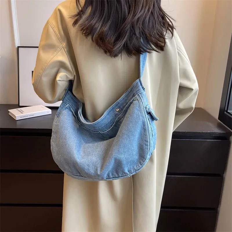 UAKISS  -  Fashion Washed Denim Crossbody Bags For Women Large Capacity Casual Shoulder Tote Bag Student School Bag Female Travel Handbag