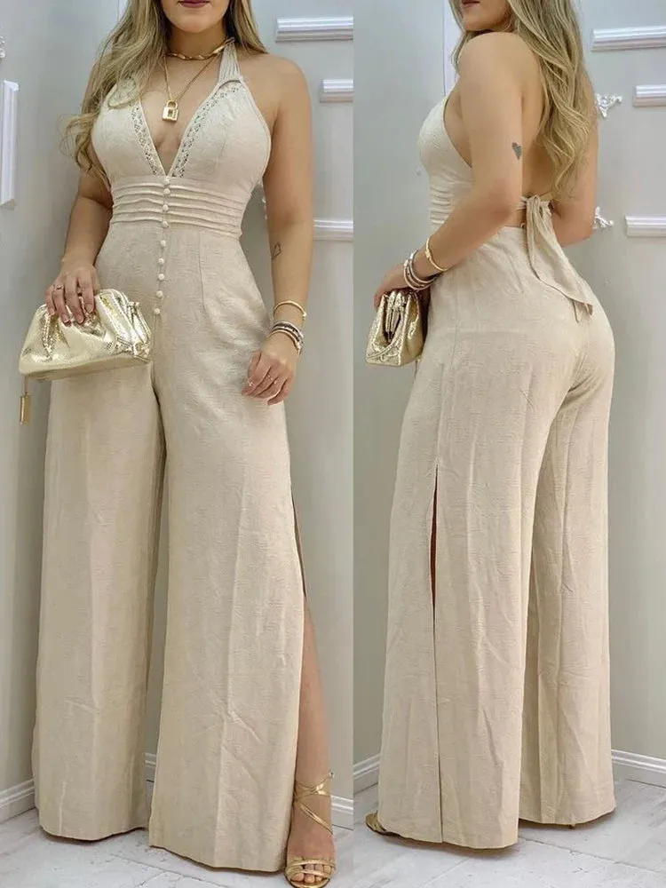UAKISS  -  Women Jumpsuits Lace Trim Buttoned Backless Slit Overalls Y2K  Streetwear Ladies Summer Sexy V-Neck Rompers Wide Leg Outfits